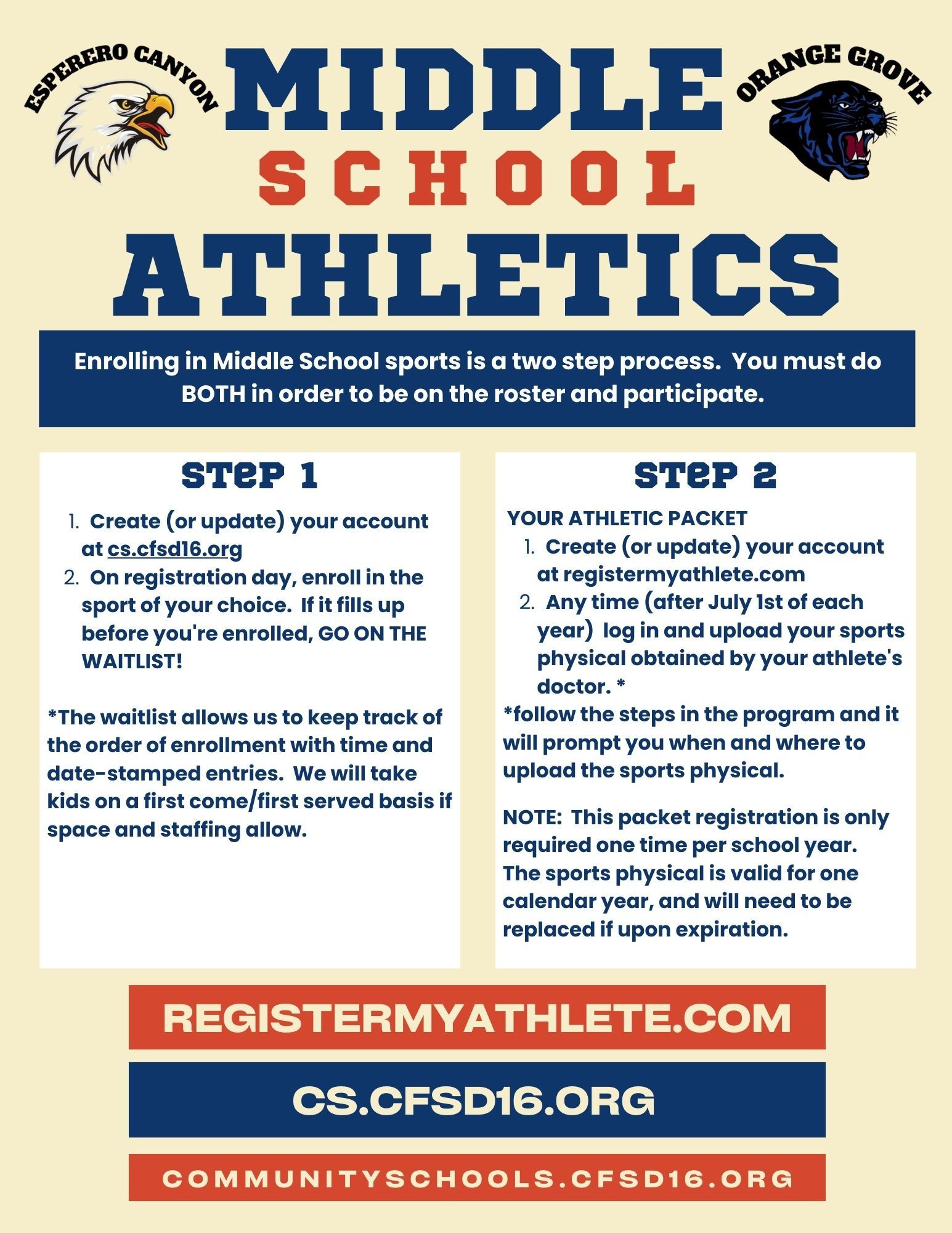 Image showing instructions for participating in middle school athletics. Step 1:   Create (or update) your account at cs.cfsd16.org   Then, on registration day, enroll in the sport of your choice.  If it fills up before you're enrolled, GO ON THE WAITLIST!	*The waitlist allows us to keep track of the order of enrollment with time and  date-stamped entries.  We will take kids on a first come/first served basis if space and staffing allow.  Step 2:  YOUR ATHLETIC PACKET -  Create (or update) your account at registermyathlete.com   Any time (after July 1st of each year)  log in and upload your sports physical obtained by your athlete's doctor. *  *Follow the steps in the program and it will prompt you when and where to upload the sports physical.   NOTE:  This packet registration is only  required one time per school year.   The sports physical is valid for one calendar year, and will need to be replaced upon expiration.  Enroll at cs.cfsd16.org  Upload your athletic packet at registermyathlete.com  More info at communityschools.cfsd16.org  Questions?  Call 520-209-7562