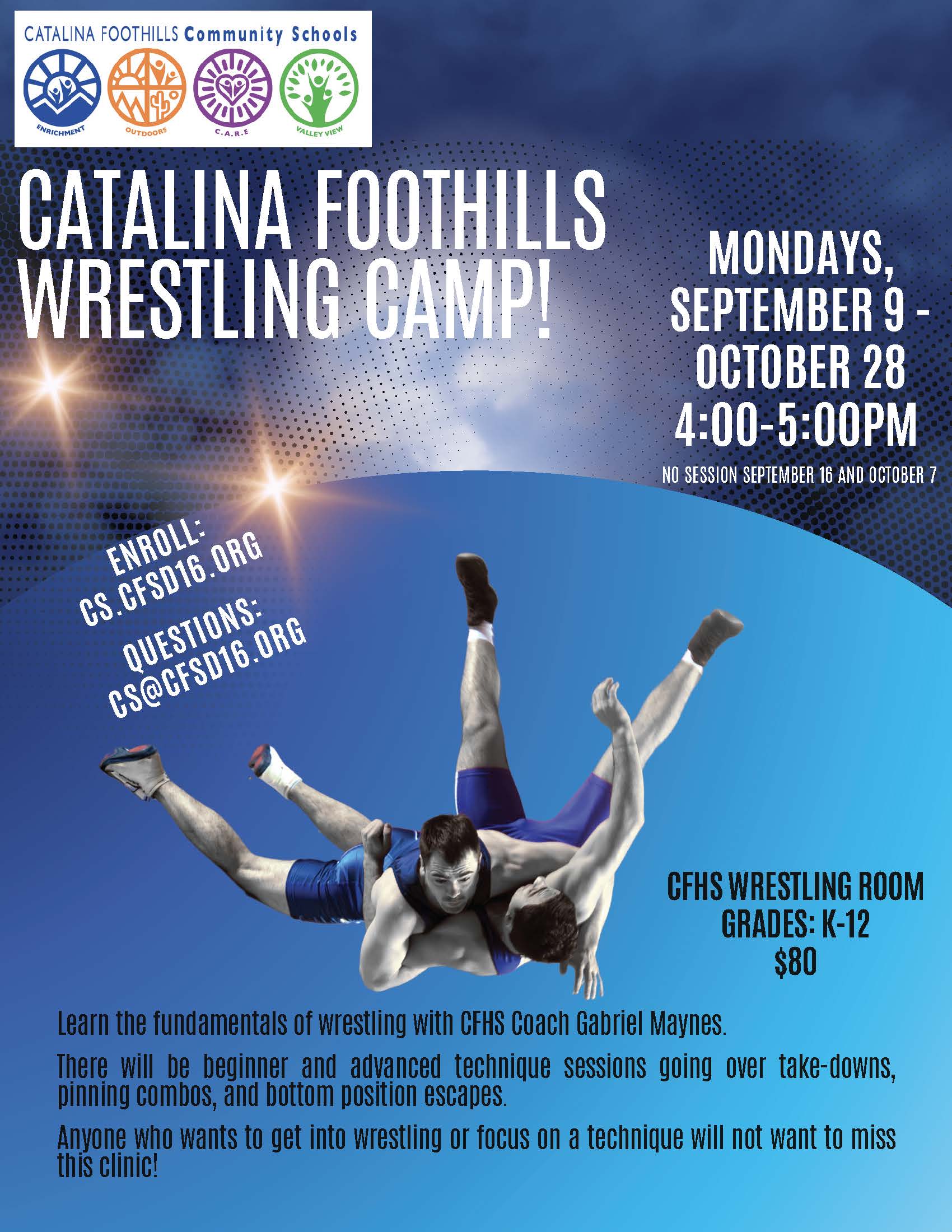 Wrestling Camp flyer - Mondays 4:00-5:00pm Septemebr 9 - October 28 (no session 9/16, 10/7) $80 Grades:K-12